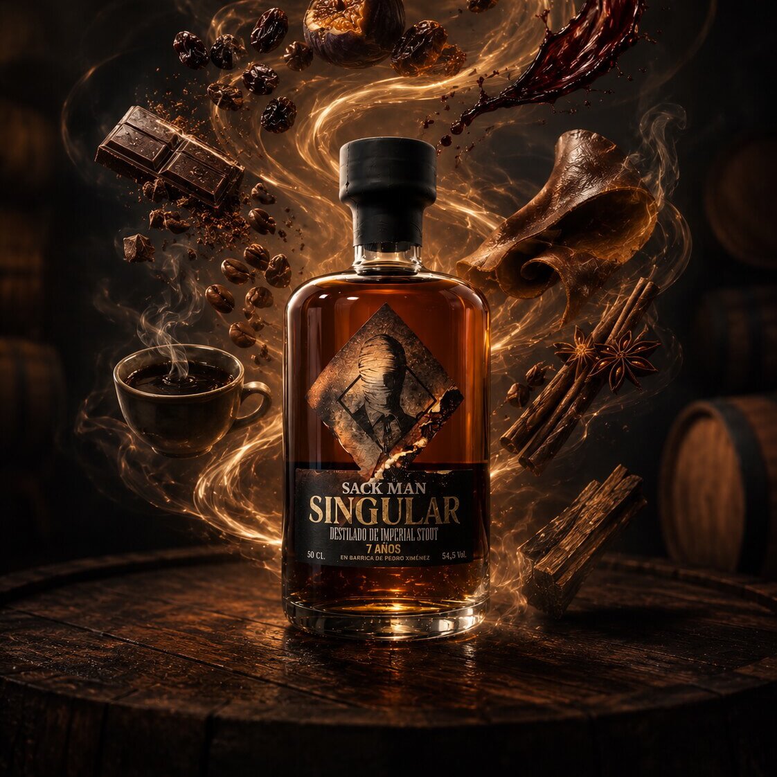 Botella de Sackman Singular, destilado premium de Imperial Stout envejecido 7 años en barrica de Pedro Ximénez.